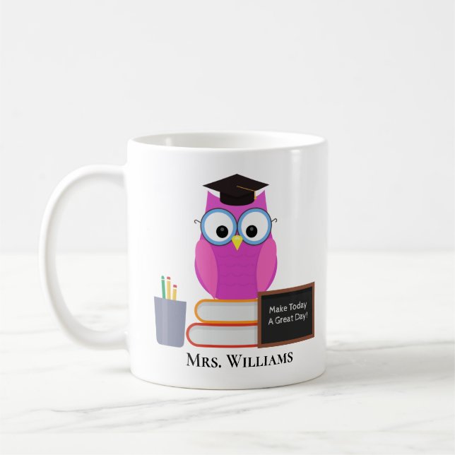 Caneca De Café Monograma da Escola de Coruja Rosa, Professor Pers (Esquerda)