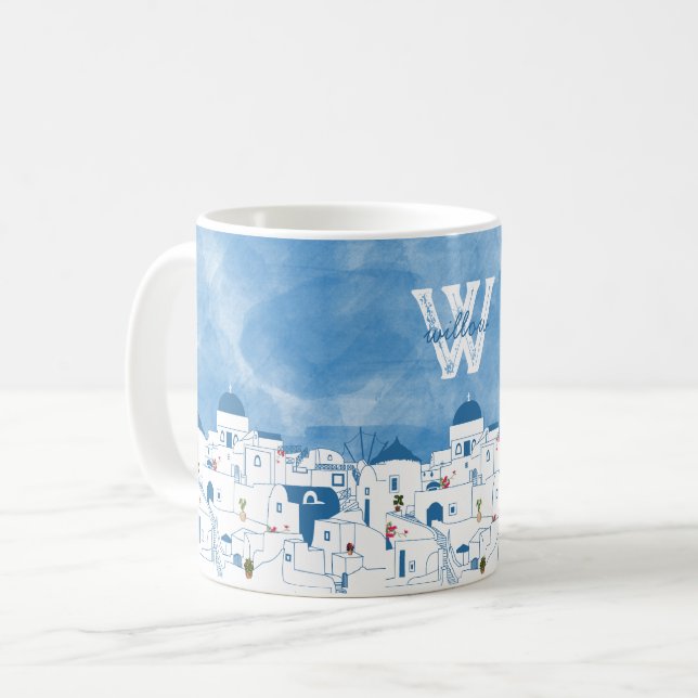 Caneca De Café Monograma da Grécia Santorini Azul e Branco (Frente Esquerda)
