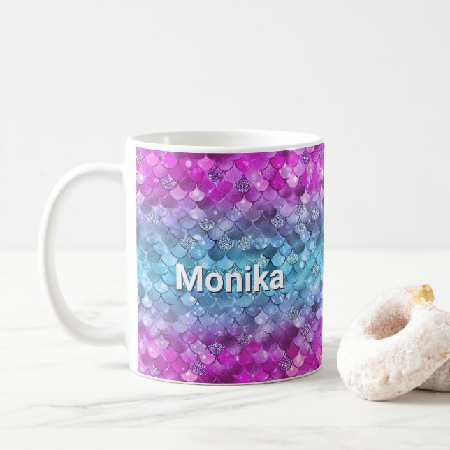 Caneca De Café Monograma da Turquesa Roxa da Sereia Glitérica (Com Donut)
