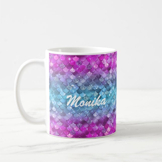 Caneca De Café Monograma da Turquesa Roxa da Sereia Glitérica (Esquerda)