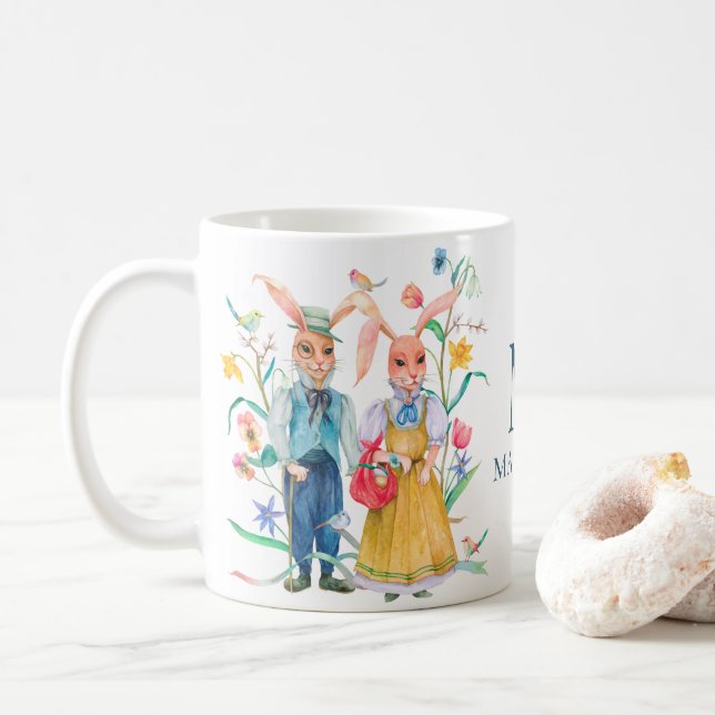 Caneca De Café Monograma das flores de coelho coelho-coelho-coelh (Com Donut)