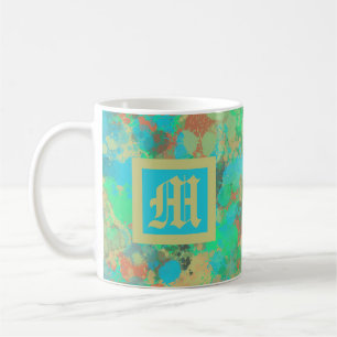 Caneca De Café Monograma de abstrato verde, amarelo e azul