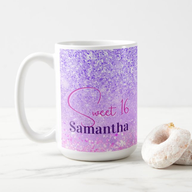 Caneca De Café Monograma de aniversário brilhante cor-de-rosa púr (Com Donut)