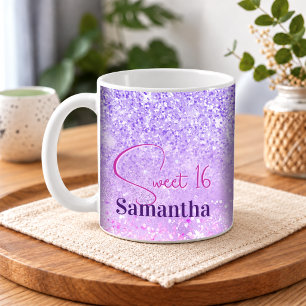 Caneca De Café Monograma de aniversário glitter rosa roxo fofo