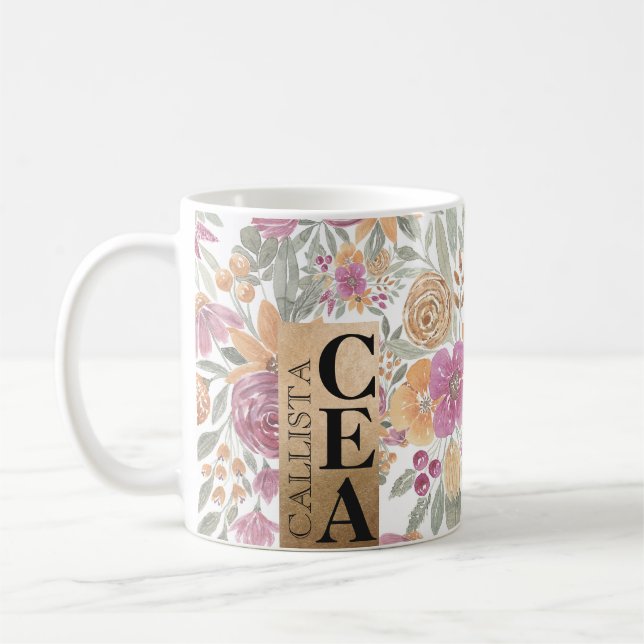 Caneca De Café Monograma de Aquarela Floral Cor Amarela ouro (Esquerda)