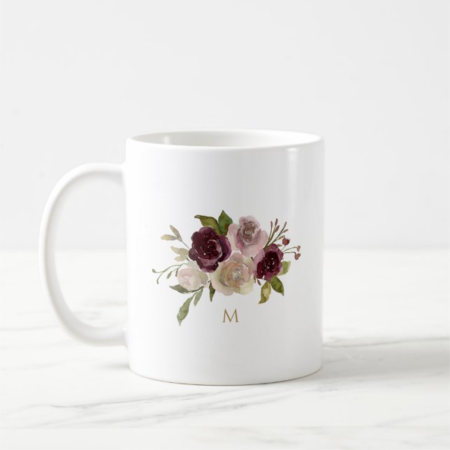 Caneca De Café Monograma de Aquarela Floral Rosa Moderna (Esquerda)