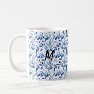 Caneca De Café Monograma de Arte Fino em Mosaico de Folha Azul co
