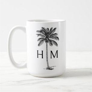 Caneca De Café Monograma de árvore de palmeira preta e branca Pal