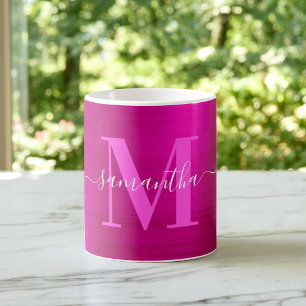 Caneca De Café Monograma de assinatura rosa quente metálico