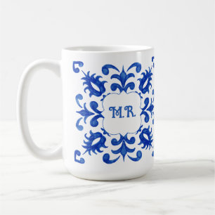 Caneca De Café Monograma de Azulejo Azul Português