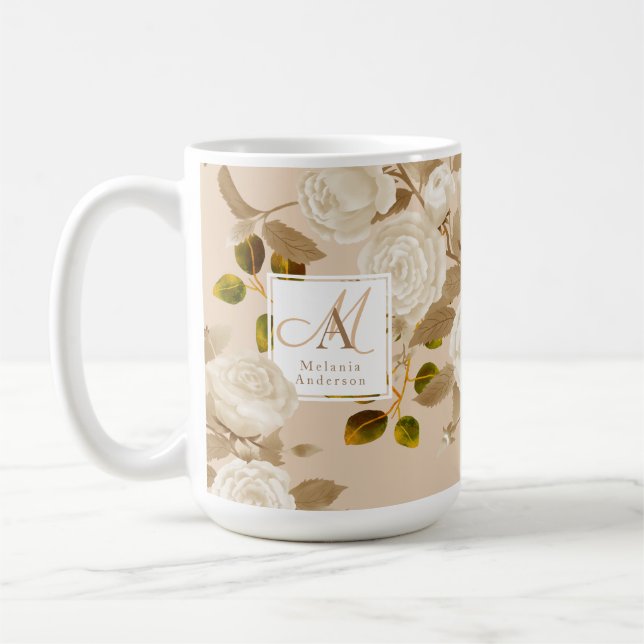 Caneca De Café Monograma de bege Dourado Elegante (Esquerda)