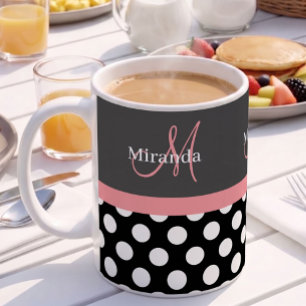 Caneca De Café Monograma de Bolinhas Branco Preto Rosa