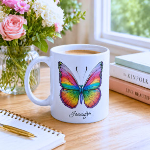Caneca De Café Monograma de Borboleta Arco-íris
