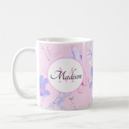 Caneca De Café Monograma de Borboletas Florais em Aquarela Rosa
