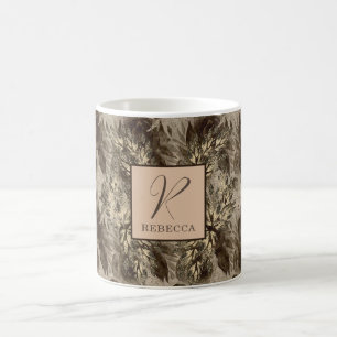 Caneca De Café Monograma de Bordas Florais e de Folhagens em Dour