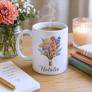 Caneca De Café Monograma de Buquê de flor selvagem boêmica