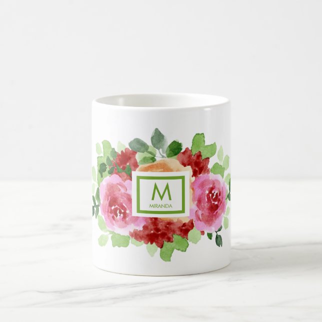 Caneca De Café Monograma de Buquê Floral Elegante (Centro)
