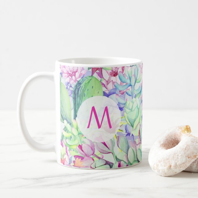 Caneca De Café Monograma de Cactus & Succults (Com Donut)