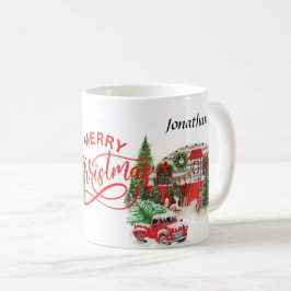 Caneca De Café Monograma de caligrafia elegante, vermelho e verde