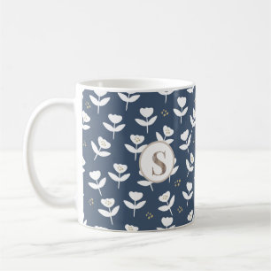 Caneca De Café Monograma de Campanha Floral Azul Branco