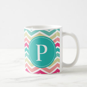 Caneca De Café Monograma de Chevron Turquoise Rosa