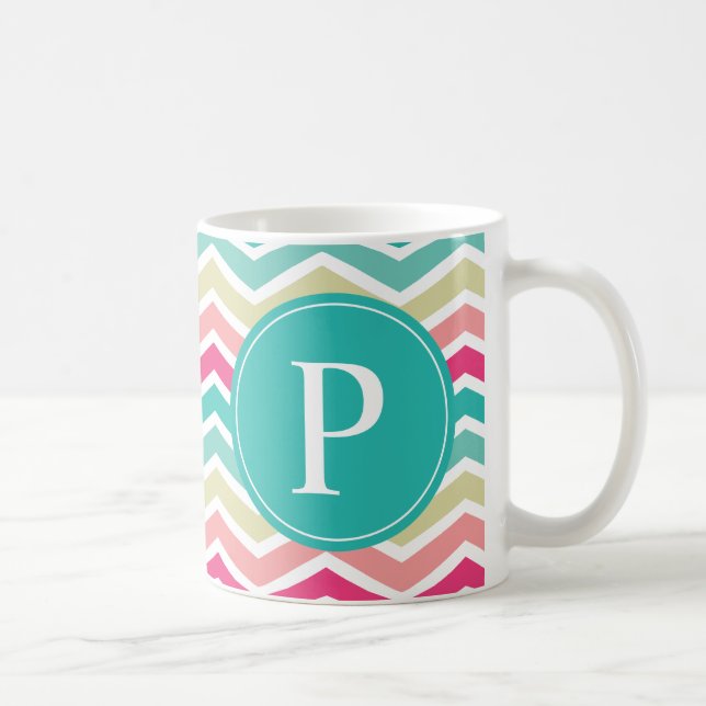 Caneca De Café Monograma de Chevron Turquoise Rosa (Direita)