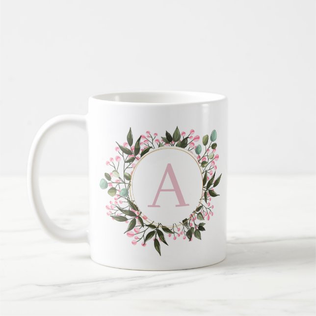 Caneca De Café Monograma de Círculo Floral Rosa Editável Inicial (Esquerda)