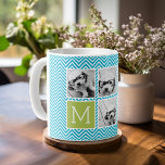 Caneca De Café Monograma de Colagem de Fotografias do Aqua e do L<br><div class="desc">Padrão de Chevron Verde e Azul - Use cinco fotos quadradas para criar um presente exclusivo e pessoal. Ou você pode ficar com o filhote hipster e fazer uma moda. Se precisar ajustar as fotos,  clique na ferramenta personalizar para fazer alterações.</div>