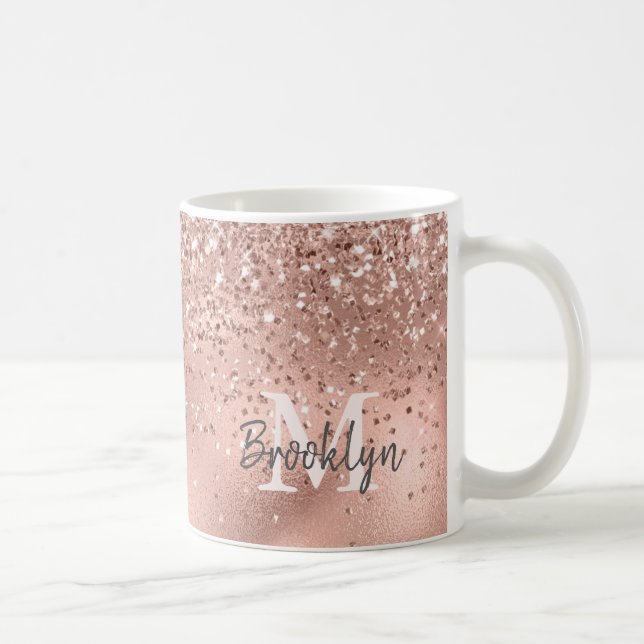 Caneca De Café Monograma de Confetti com Glitter Dourado Rosa mod (Direita)