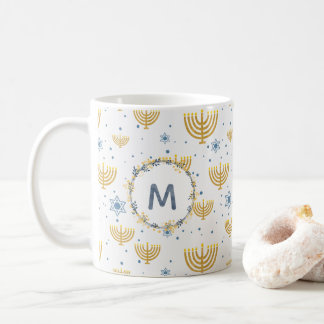 Caneca De Café Monograma de Cor Azul-marinho + Padrão de Chanucá