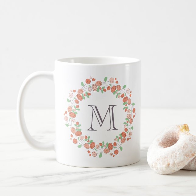 Caneca De Café monograma de coral rosa (Com Donut)