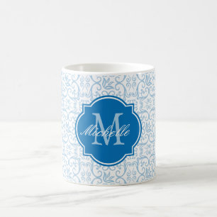 Caneca De Café Monograma de Damasco Azul Plácido