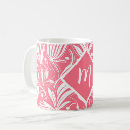 Caneca De Café Monograma de Diamante de Padrão Floral Rosa Tropic