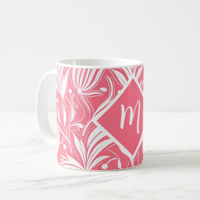 Caneca De Café Monograma de Diamante de Padrão Floral Rosa Tropic (Frente Esquerda)