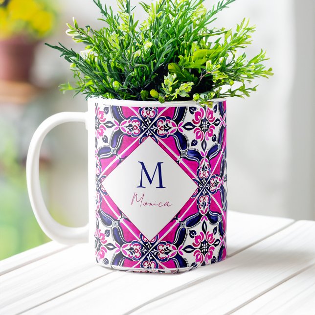 Caneca De Café Monograma de dons de azulejos mexicanos em espanho (Spanish Mexican tiles bridesmaid gifts monogram Coffee Mug bridal party favors)