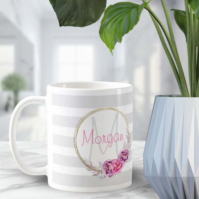 Caneca De Café Monograma de faixas de borda Dourada floral Elegan (Elegant Floral Gold Border Stripes Monogram Coffee Mug)