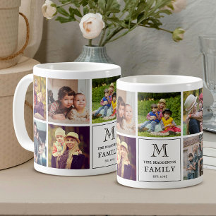 Caneca De Café Monograma de Família Colagem de 9 Fotos e Texto Pe