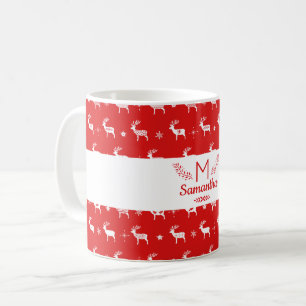Caneca De Café Monograma de Férias Vermelho e Branco de Rena Esca