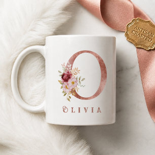 Caneca De Café Monograma de Floral Dourado Rosa Personalizado Let