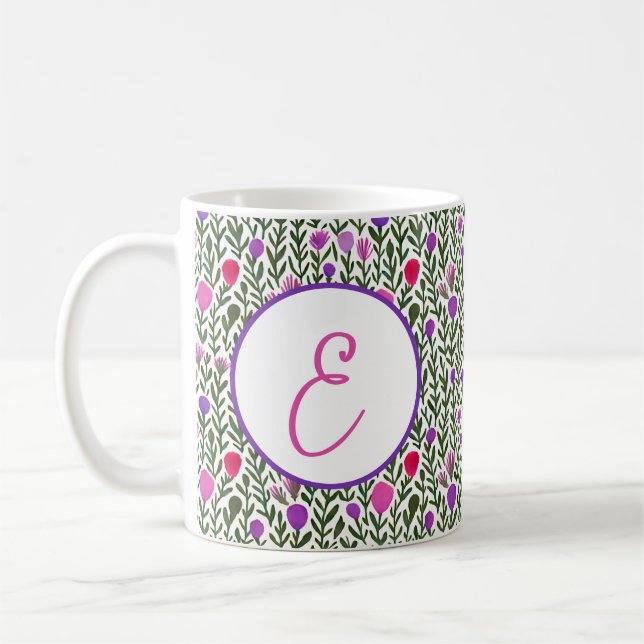 Caneca De Café Monograma de flores de aquarela rosa e roxa (Esquerda)