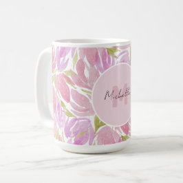 Caneca De Café Monograma de Flores de Aquarela Rosa Moderno