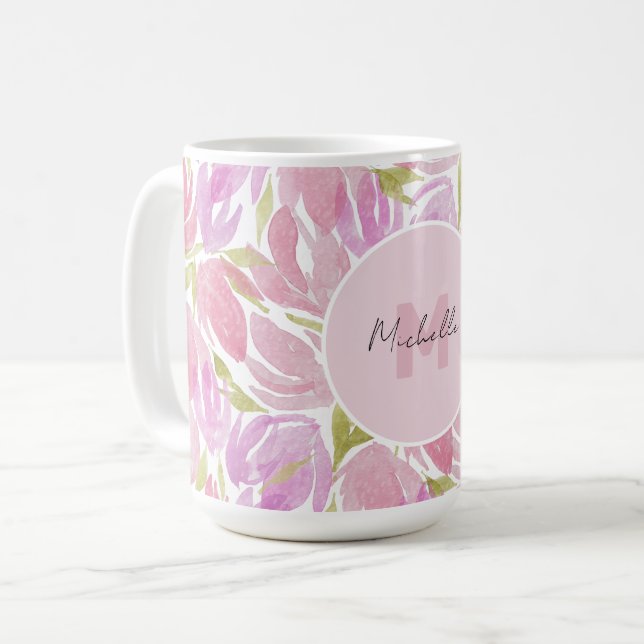Caneca De Café Monograma de Flores de Aquarela Rosa Moderno (Frente Esquerda)