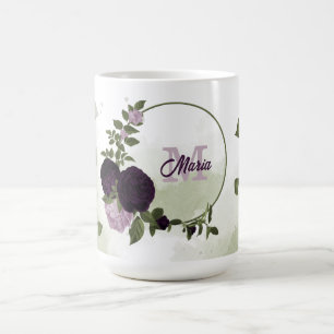 Caneca De Café monograma de flores roxas escuras e claras
