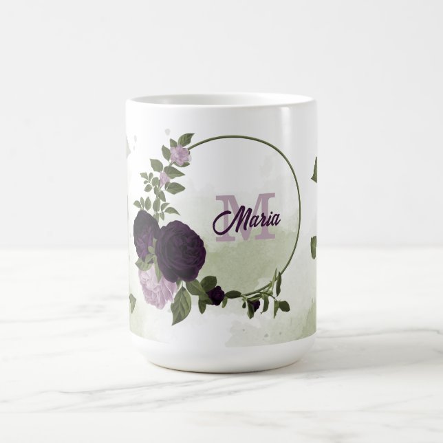 Caneca De Café monograma de flores roxas escuras e claras (Centro)