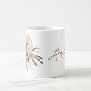 Caneca De Café Monograma de Flores Secas de Grama Rosa-Rosa-Boho