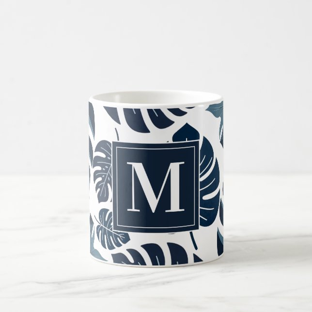 Caneca De Café Monograma de Folha de marinho Azul e Branco (Centro)
