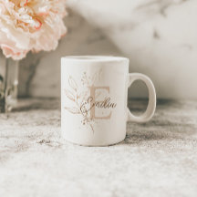 Monograma de Folha Floral em Rosa Dourado Elegante