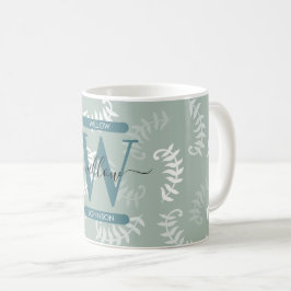 Caneca De Café Monograma de Folhas Botânicas Verdes Teais