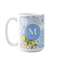 Monograma de fruta de limão, azulejo azul