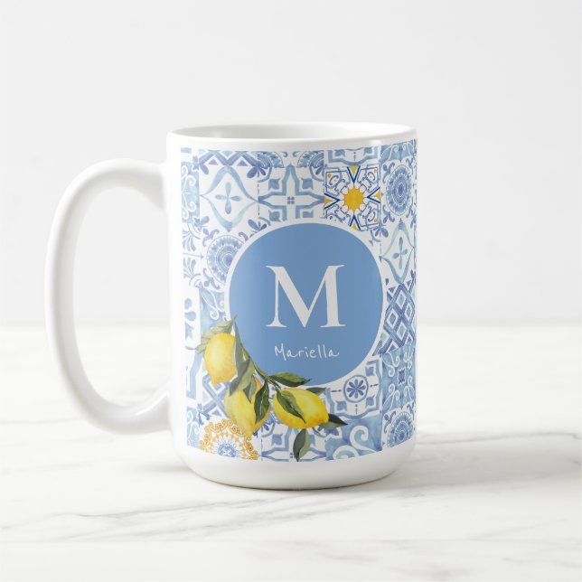 Caneca De Café Monograma de fruta de limão, azulejo azul (Esquerda)